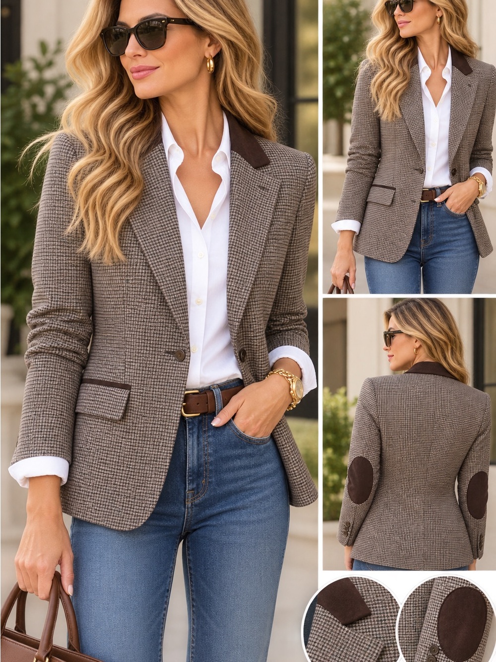 John Meyer Collection Women's Brown Houndstooth Blazer Jacket with Suede Trim 10